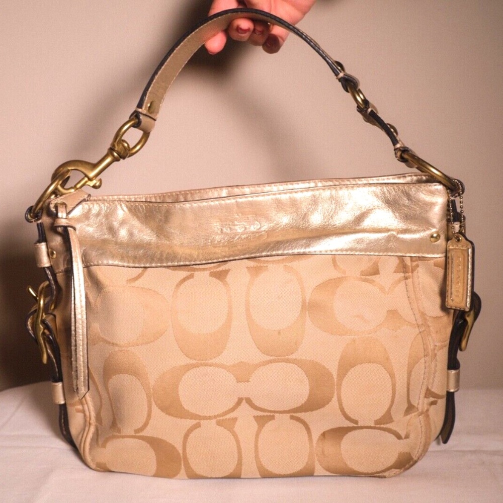 Coach Signature Zoe Gold and Tan shoulder bag
